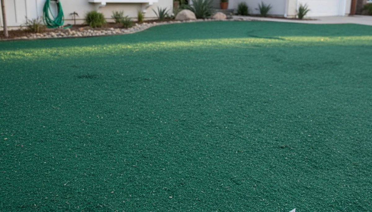 Fresh hydroseeded lawn with even green slurry coverage on prepared soil in Pasadena, CA