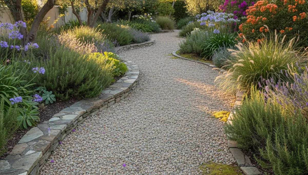 Pea gravel garden path with natural borders in Pasadena, CA landscape by Chop Chop Landscaping