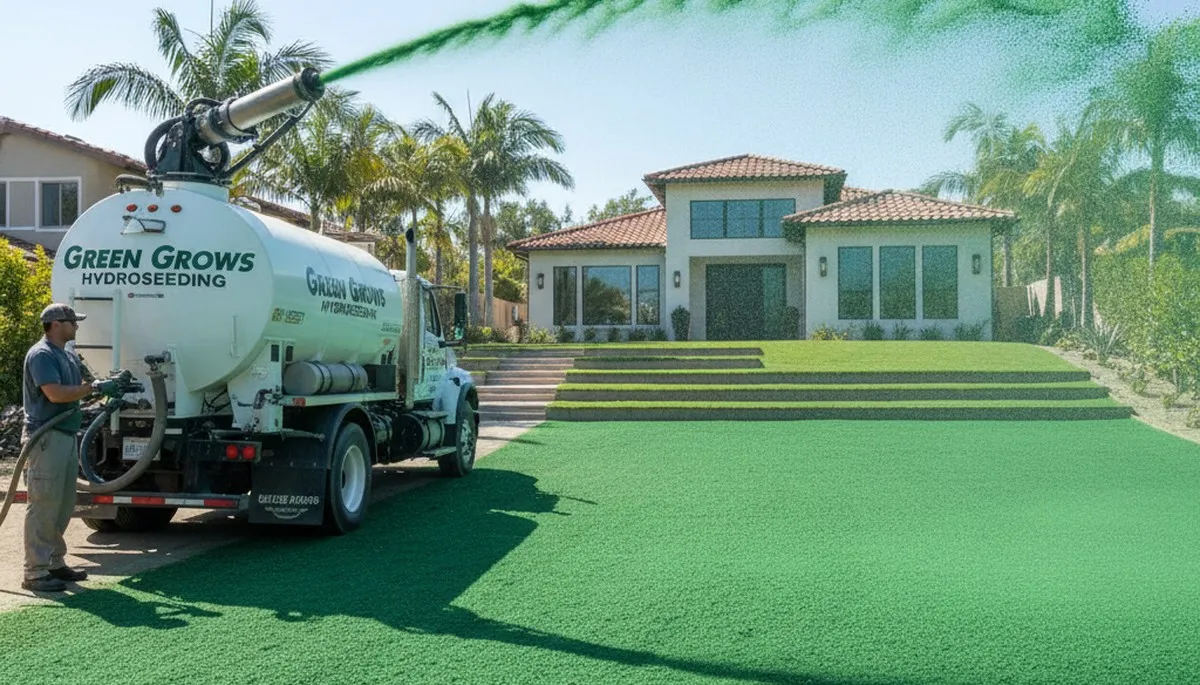 Hydroseeder truck spraying green lawn mixture in Pasadena, CA by Chop Chop Landscaping