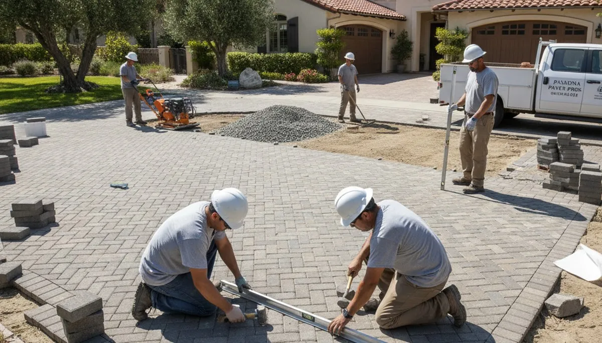 Professional crew installing driveway pavers in Pasadena, CA with base prep and precise leveling