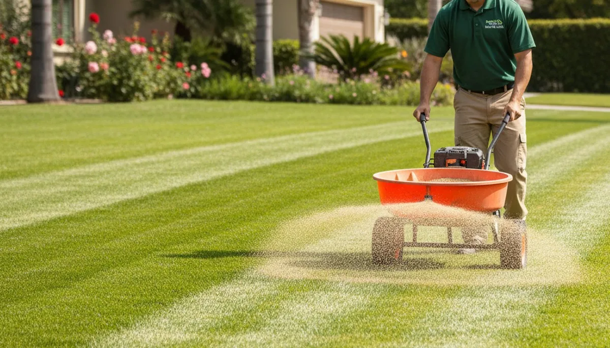 Lawn care technician spreading fertilizer on residential yard in Pasadena, CA for healthy green turf