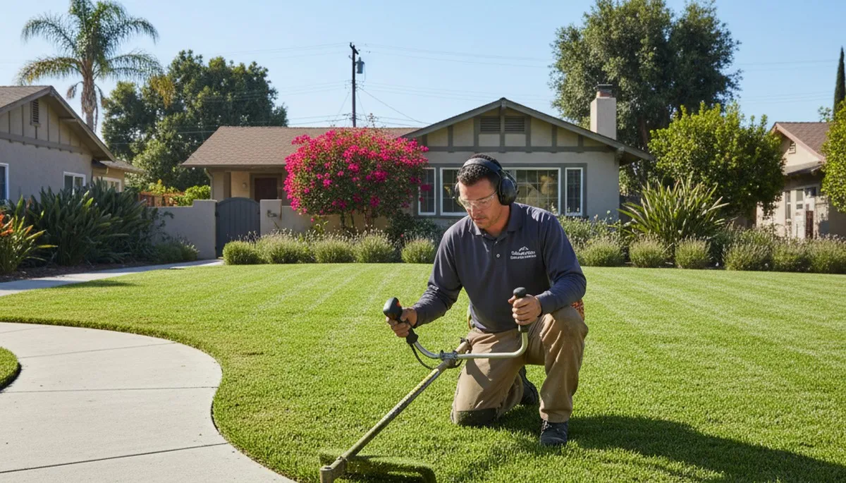 Technician performing precise lawn edging and trimming in Pasadena, CA by Chop Chop Landscaping